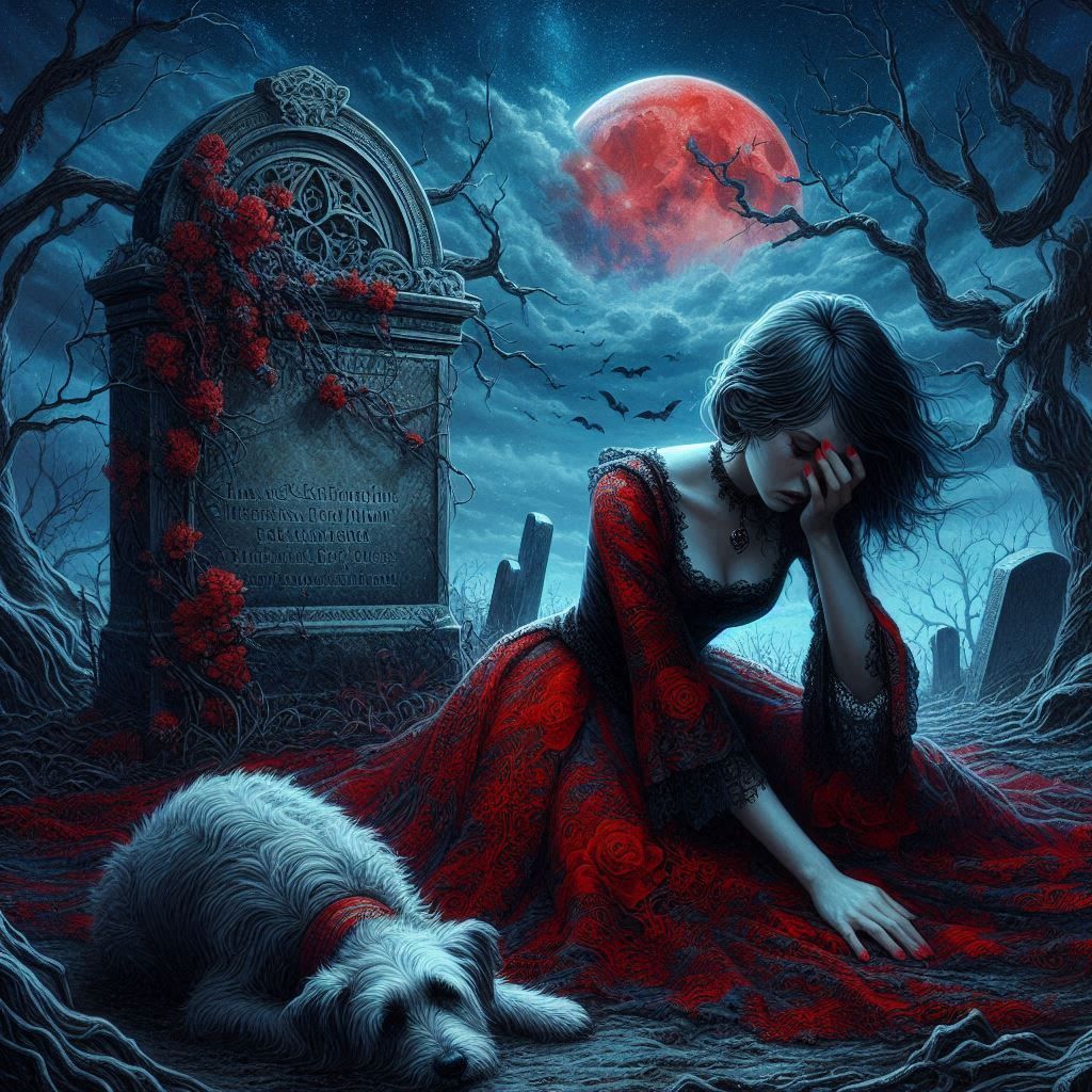 Sad woman and dog mourning at the grave