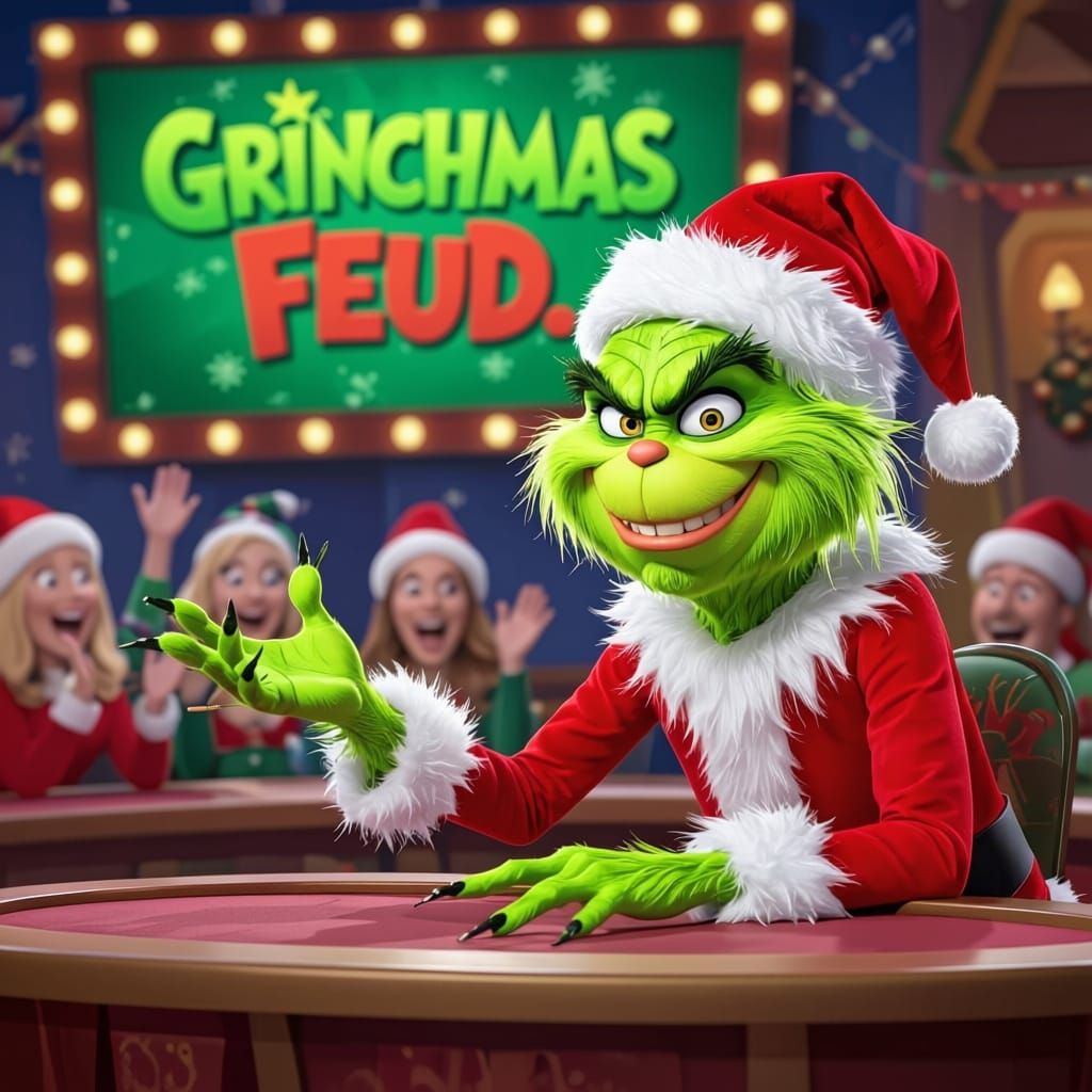 A vibrant game show set with a large screen displaying 'Grinchmas Feud,' excited who-ville contestants, and the Grinch (​Color and Texture: ...