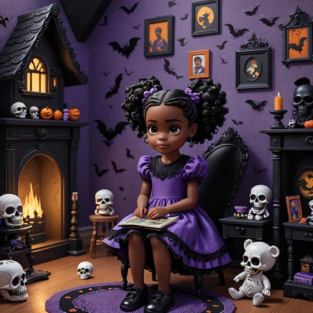 Pixarstyle cartoon, little black girl sitting decorating a haunted