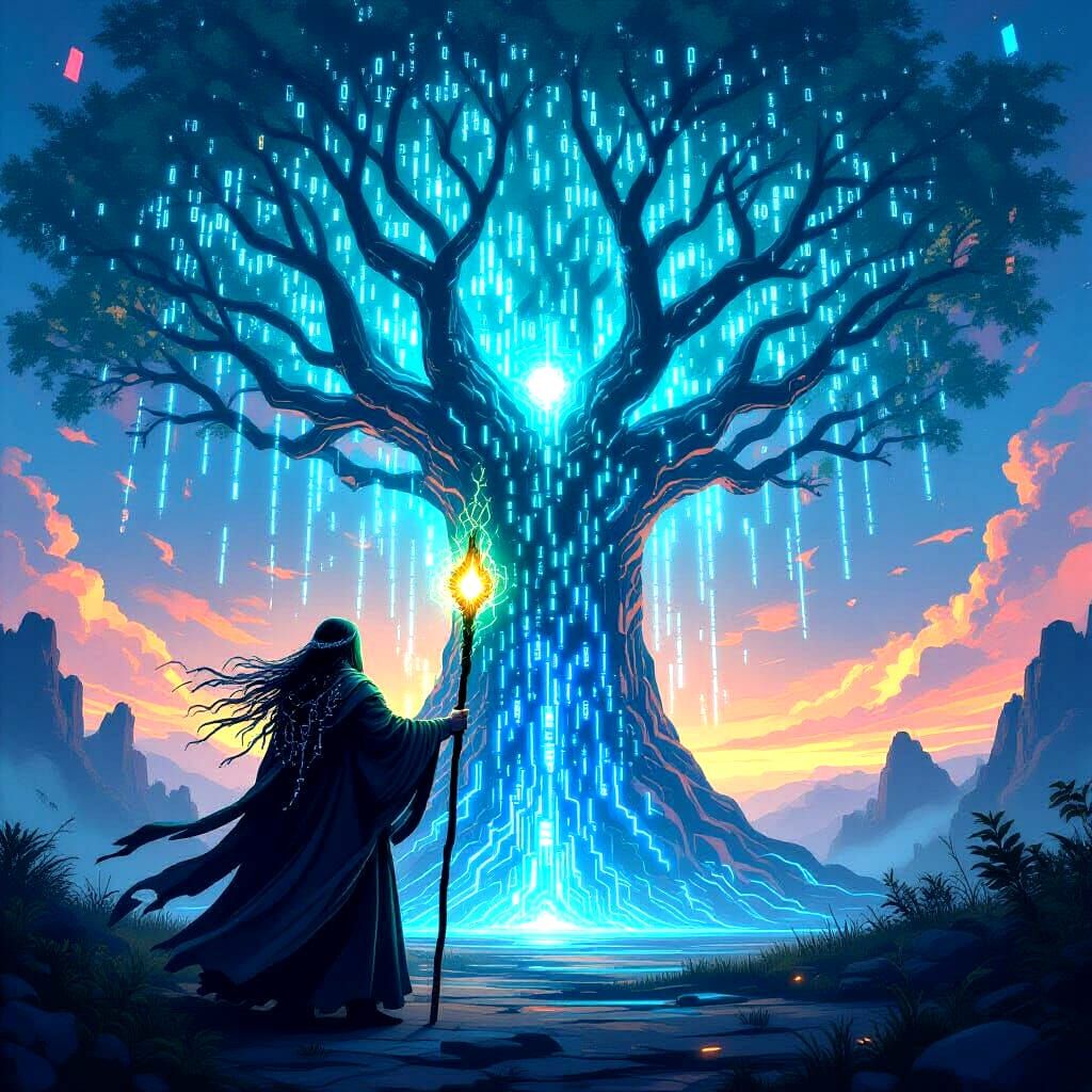 A digital druid with a staff of pure energy stands before a towering tree of binary code, their eyes glowing with an otherworldly power. The...