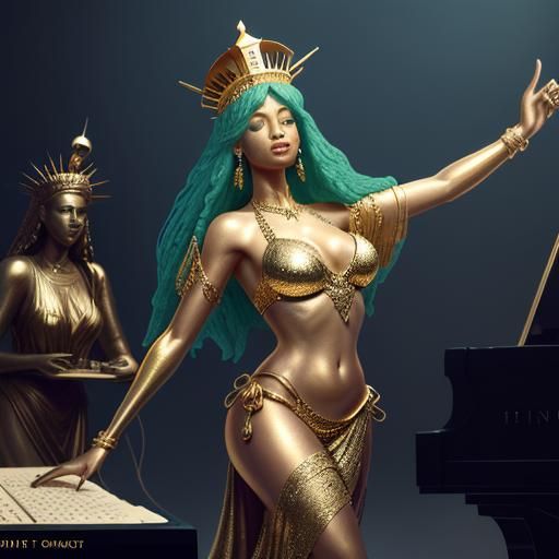 Statue of liberty bails danceing on top of piano while Elish...