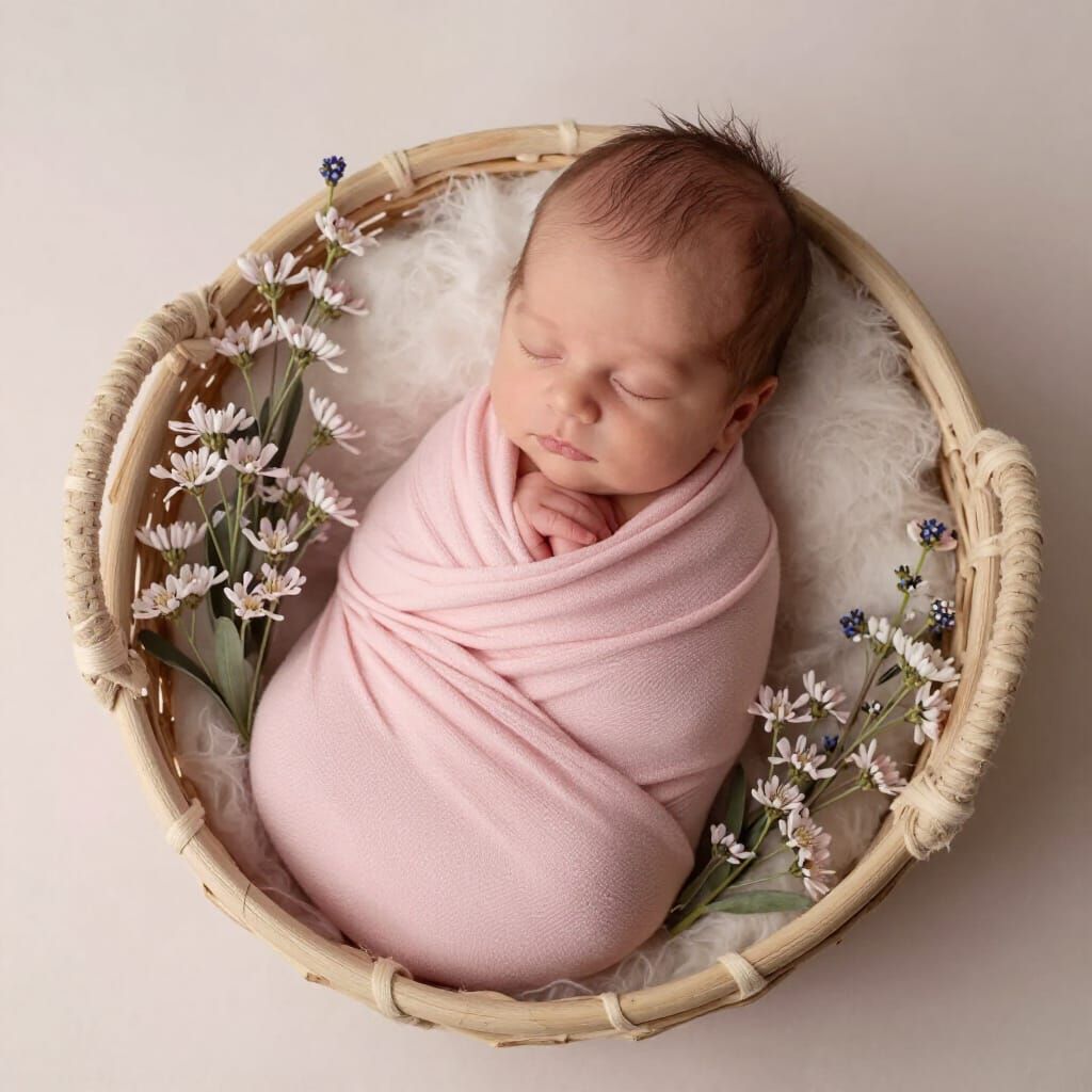 Newborn Baby Portrait in Pink Fabric in Basket