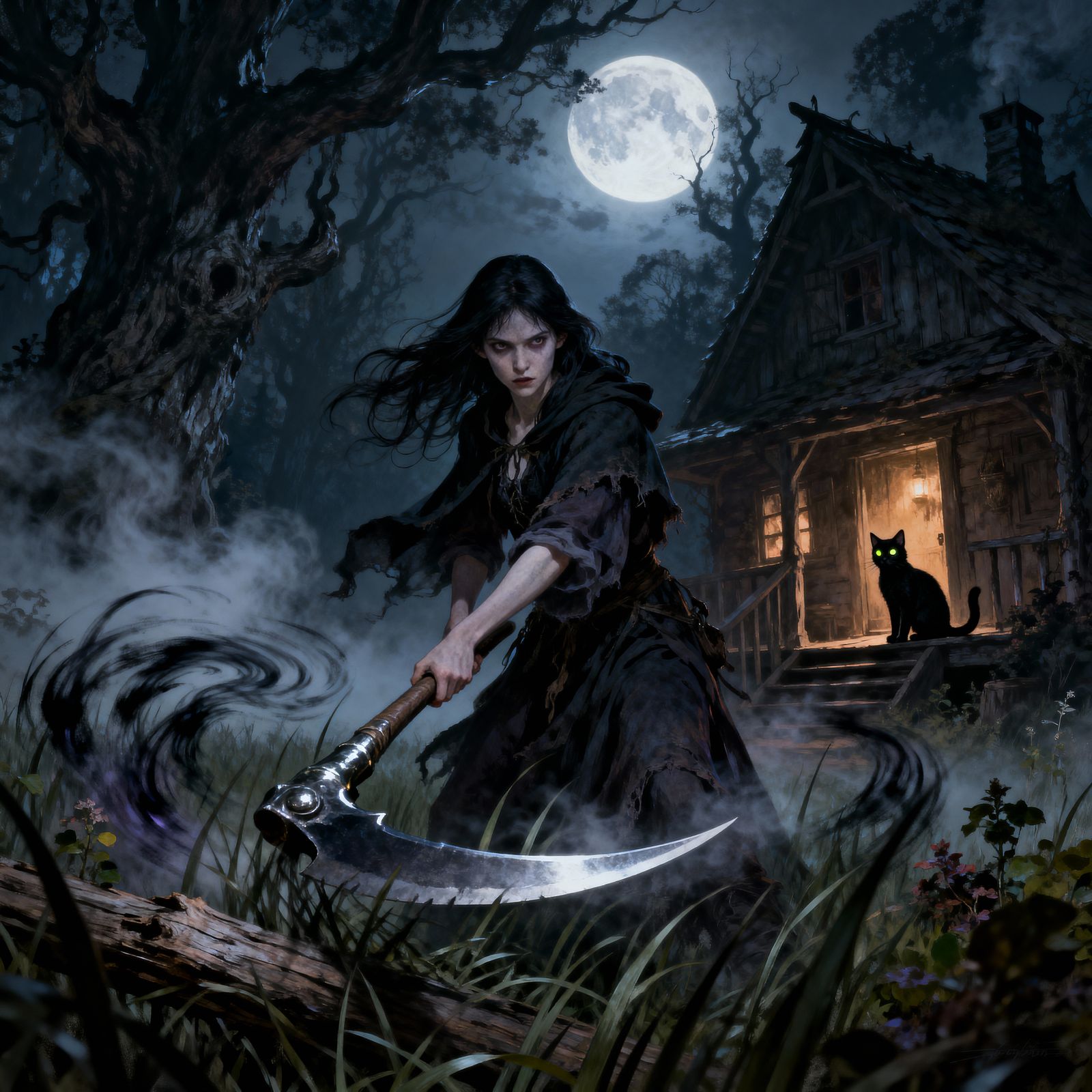 A young witch mows the grass with a magical scythe.
