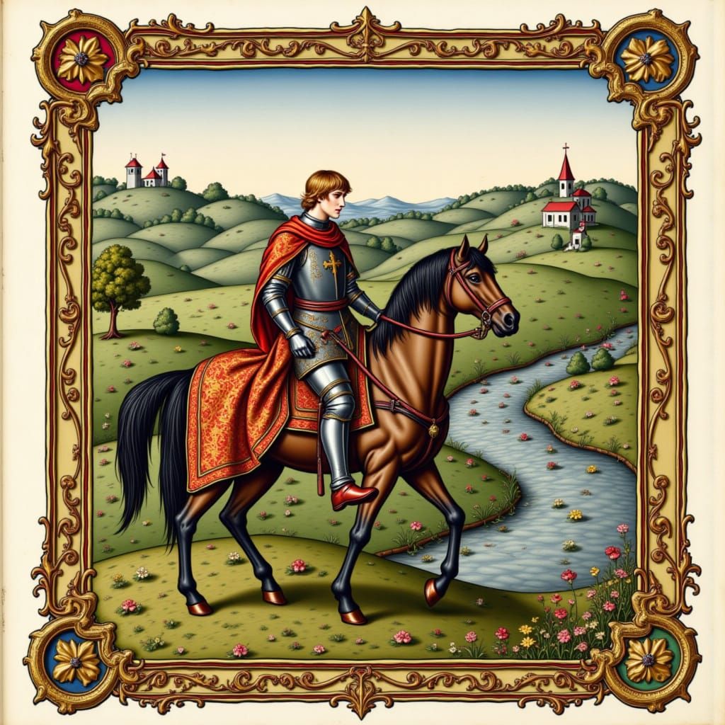A medieval scene, with a noble lord riding on horseback next to a winding stream, depicted in the style of medieval illuminated manuscript i...
