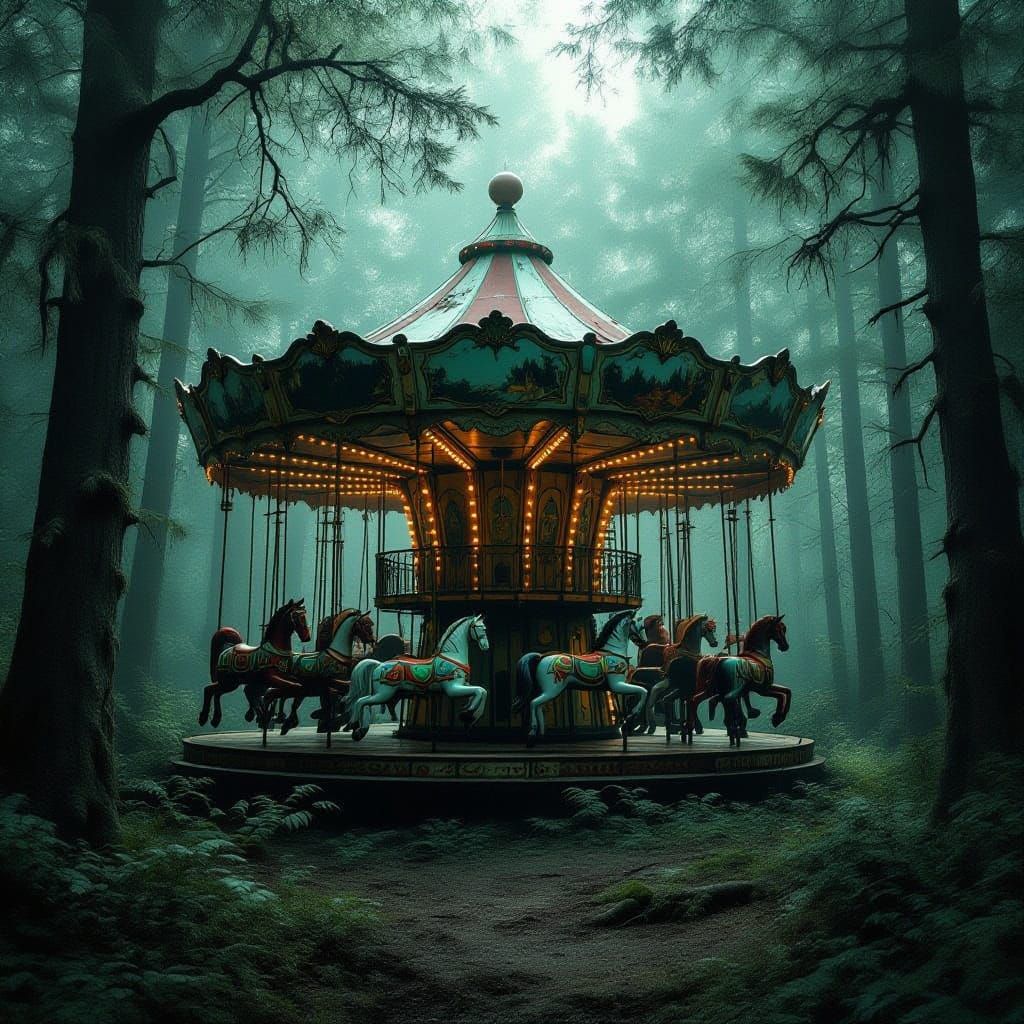 An abandoned, rusted carousel sits in the heart of a dense, overgrown forest. Sunlight filters through the thick canopy.