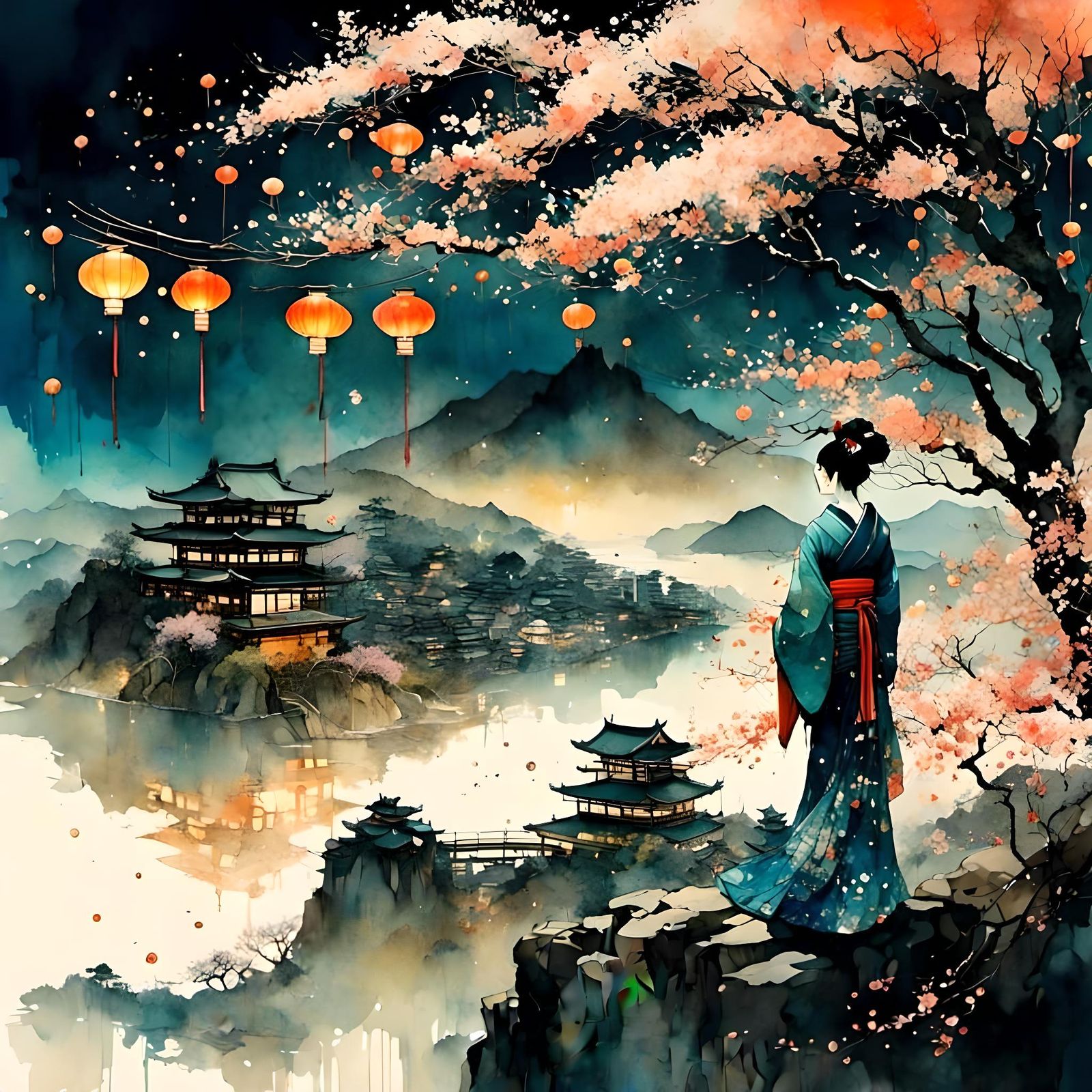 Silhouette Geisha Overlooks Lantern City in Watercolor