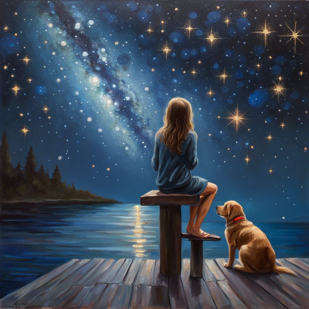 Girl sitting on a dock looking up at the milky way with dog, background da Vinci starry night sky, lots ...  by @Luna