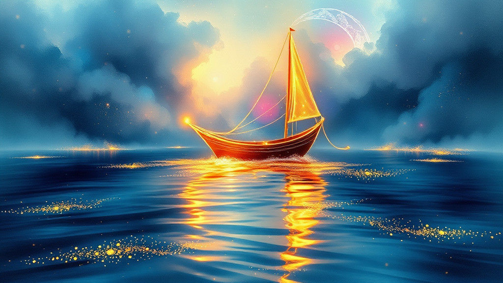 Surreal dreamlike watercolor ink splash art. Medium shot. A beautiful boat drifts on a serene lake in ...  by @Mr Classics