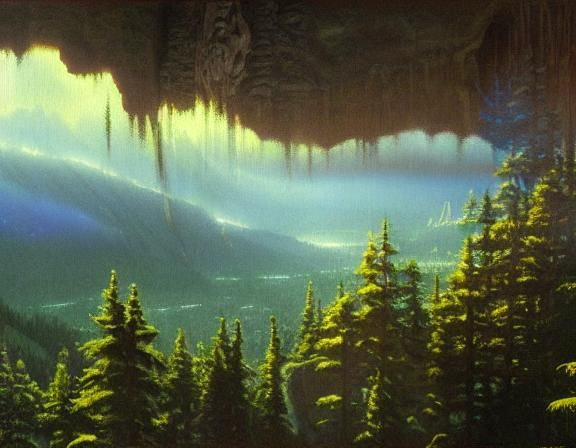 View from inside a cave on a rocky crag, high above the evergreen forest moon of Endor on a moonlit night