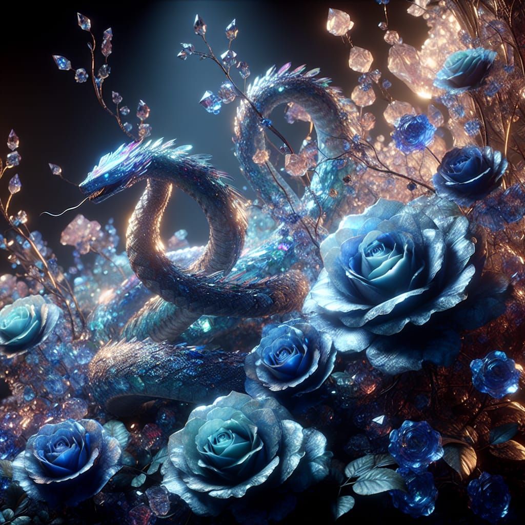 "A Crystal Snake Near Blue Glittering Roses"