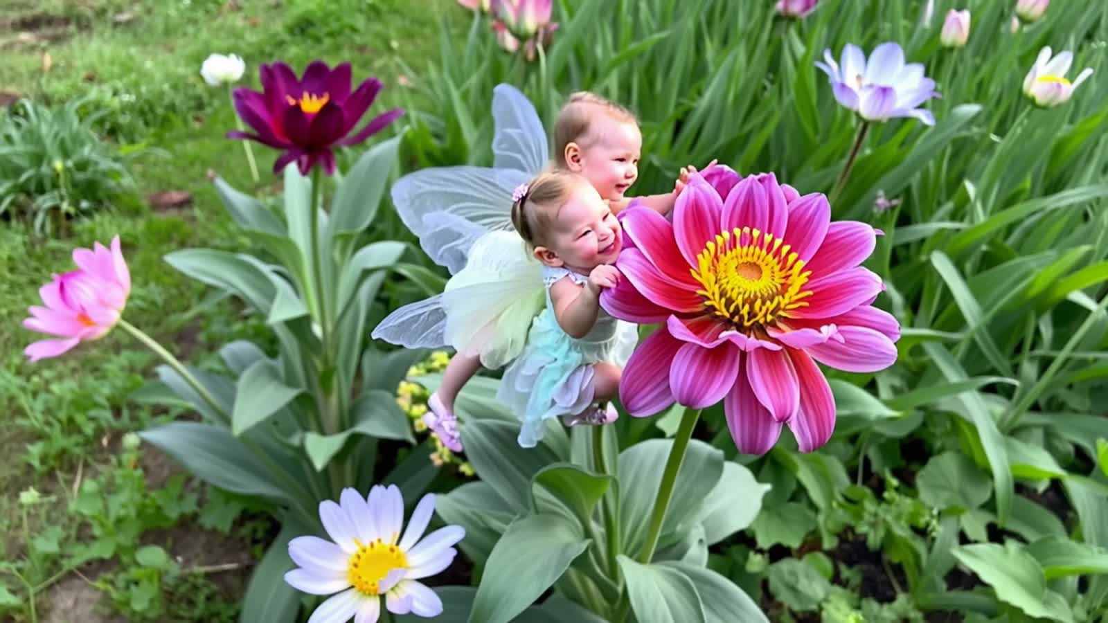 tres pequeñas hadas que juegan  encima de un tulipan