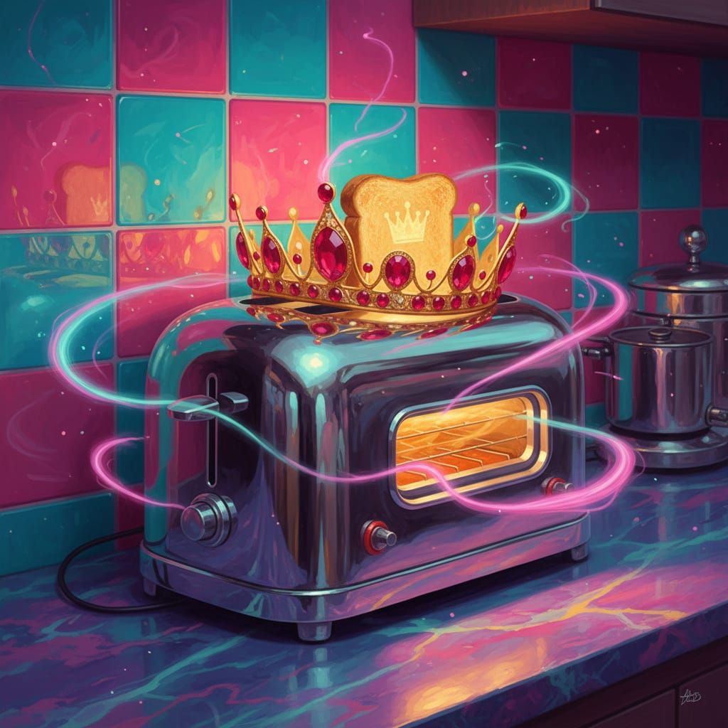 A golden tiara balances on a toaster.
Gleaming rubies reflect neon kitchen wall tiles.
It hums softly, radiating regal domestic magic.