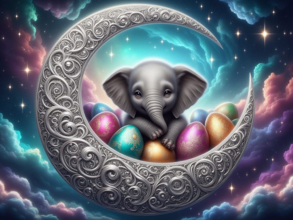<lora:FiosFiligreeMoons:1.0> Easter Elephant delivering Eggs