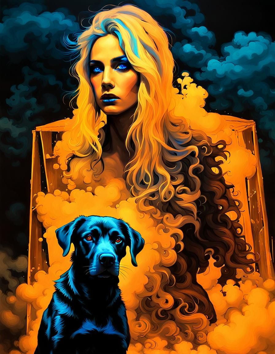 intense blue neon light. intense amber neon light. Painting ...