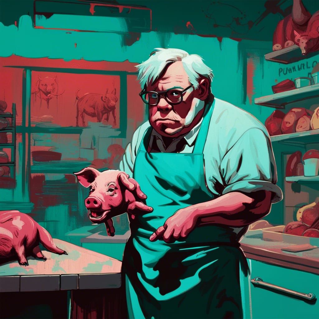Horror, The butcher pig with the pig's head in an apron can ...