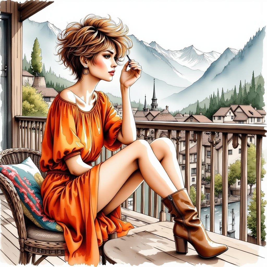 <lora:InkDrawingflux:1.0> a stunning woman sitting on the balcony overlooking the village. In the distance you can see mountains. A short fa...