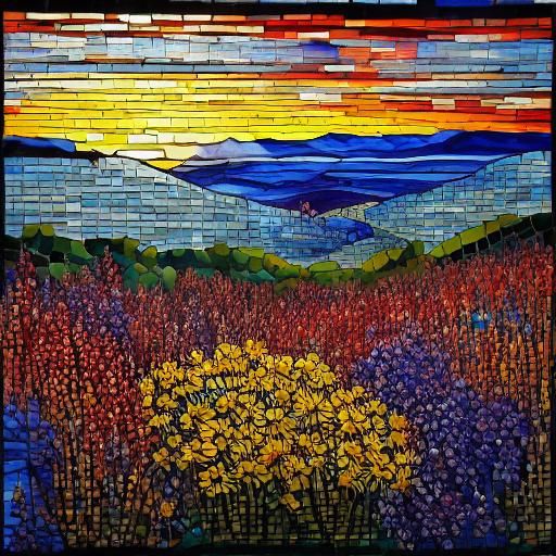 Stunning stained glass mosaic Sunset over field of intricate wildflowers. <lora:My Style:1.0> 