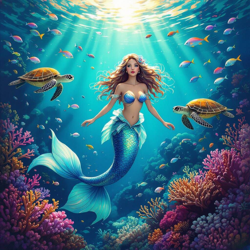 A mermaid swimming in a colorful ocean with memo and a sea turtle