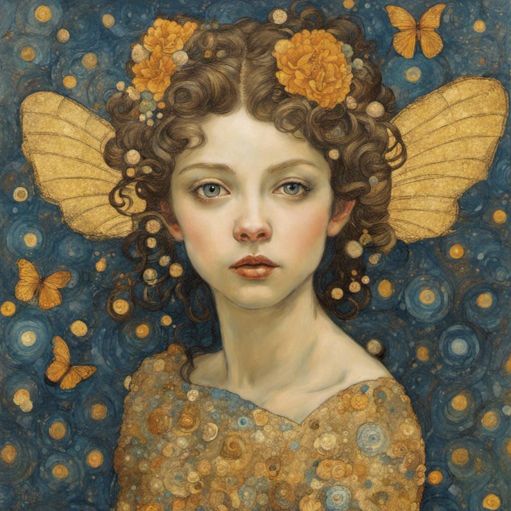 A portrait of a Pixie Fairy in the style of Gustav Klimt