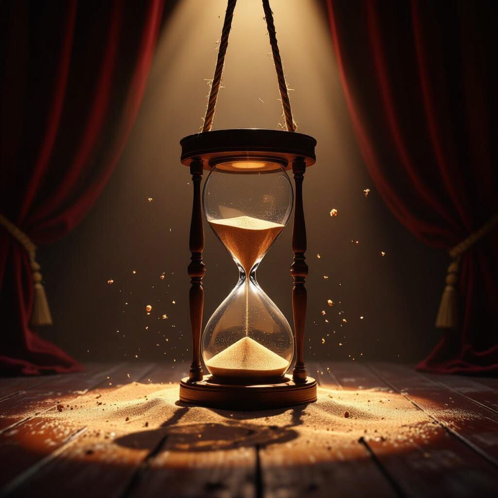 
A cracked hourglass suspended above a dimly lit stage, wrapped tightly in rough, frayed rope that looks old and weathered. The rope is tang...