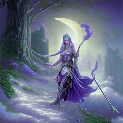 Moon Elf swords maiden in armor with bluish purple skin 