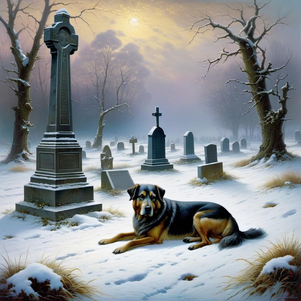 An old dog lays by a grave