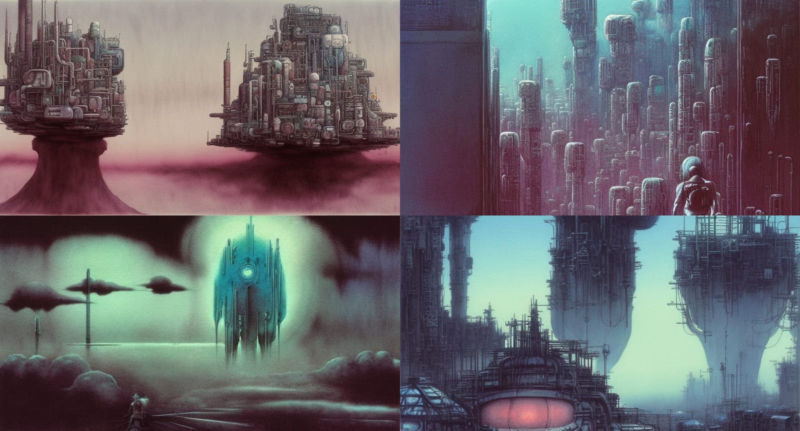 Studio Ghibli Zdzisław Beksiński watercolor cyberpunk biopun...