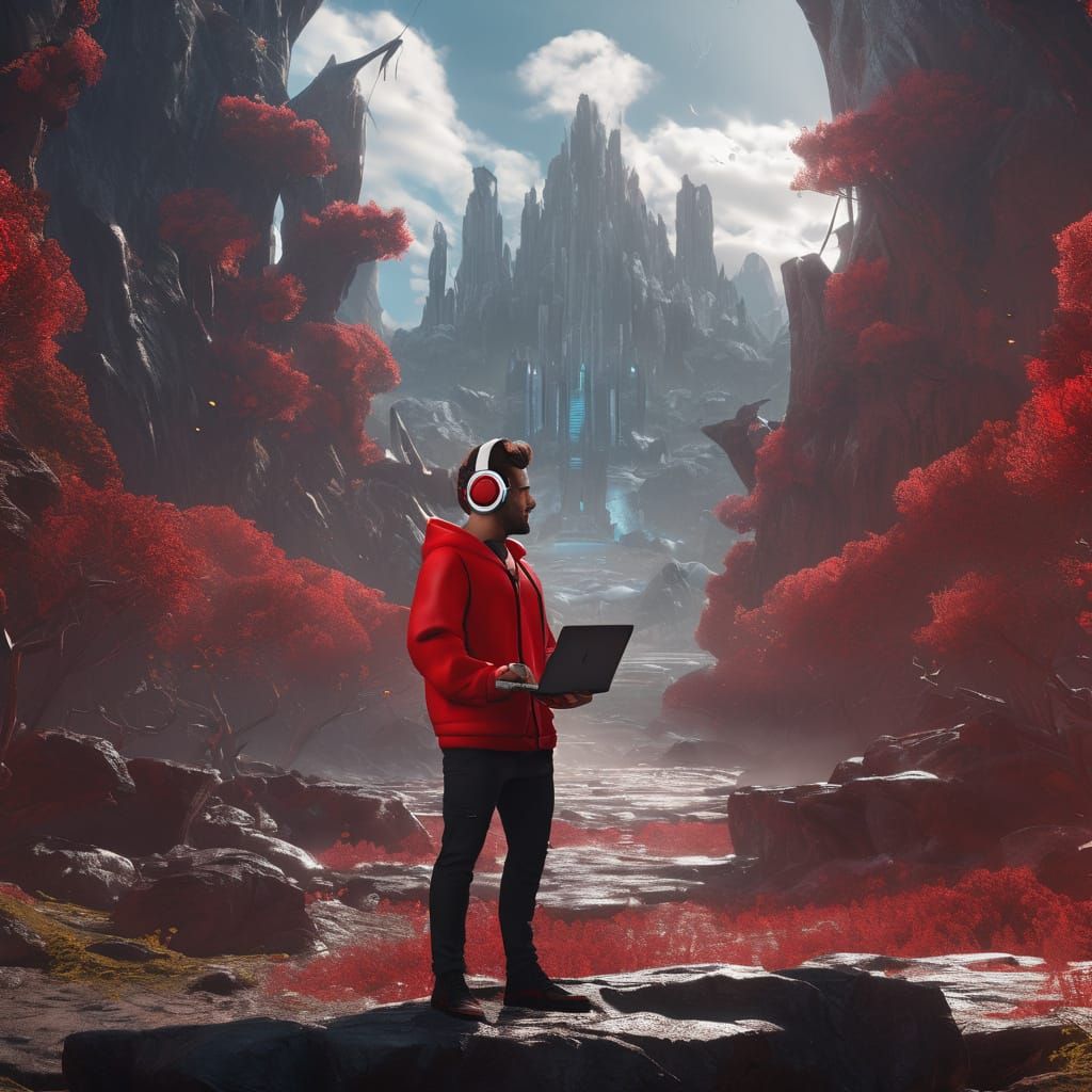 A 6 ft guy with red  jacket white tshirt and black pant with redheadphones holding a lapton 