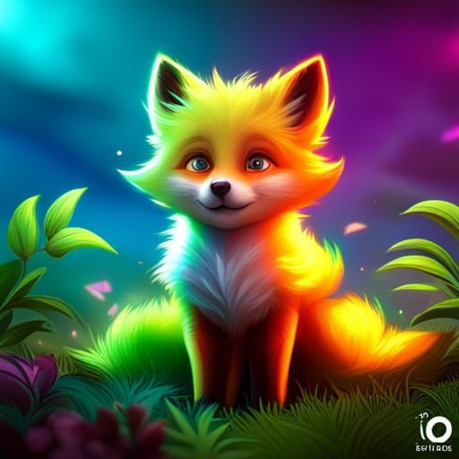 neon baby fox, cute, adorable, multicolor fur, realistic sty...