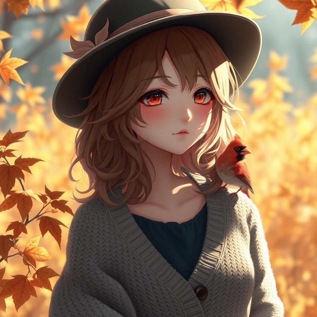 A young lady with wavy hair wearing a cardigan and a hat wit...