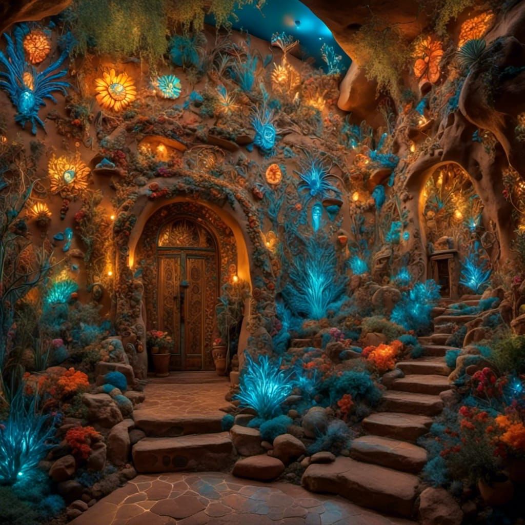 eloquent SantaFe style Bioluminescence, Glowing vibrantly painted SantaFe artwork <lora:Bioluminescence:1.0> <lora:SantaFe Stucco:1.0>