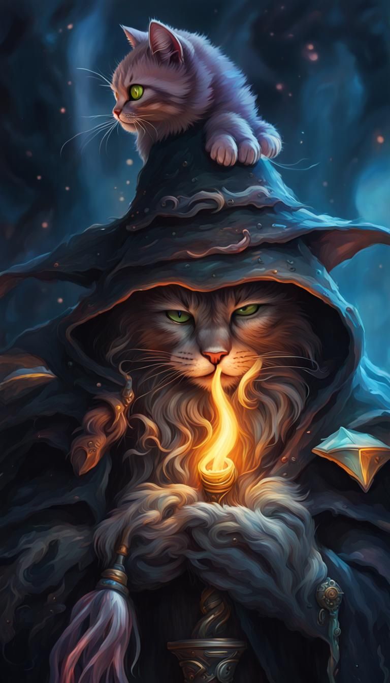 Wizard Kitty in Dark Fantasy Psychedelic Style