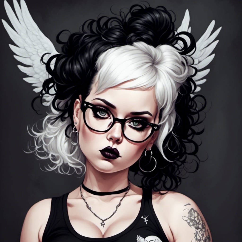 short curvy sassy punk goth metal angel black and white hair - AI ...