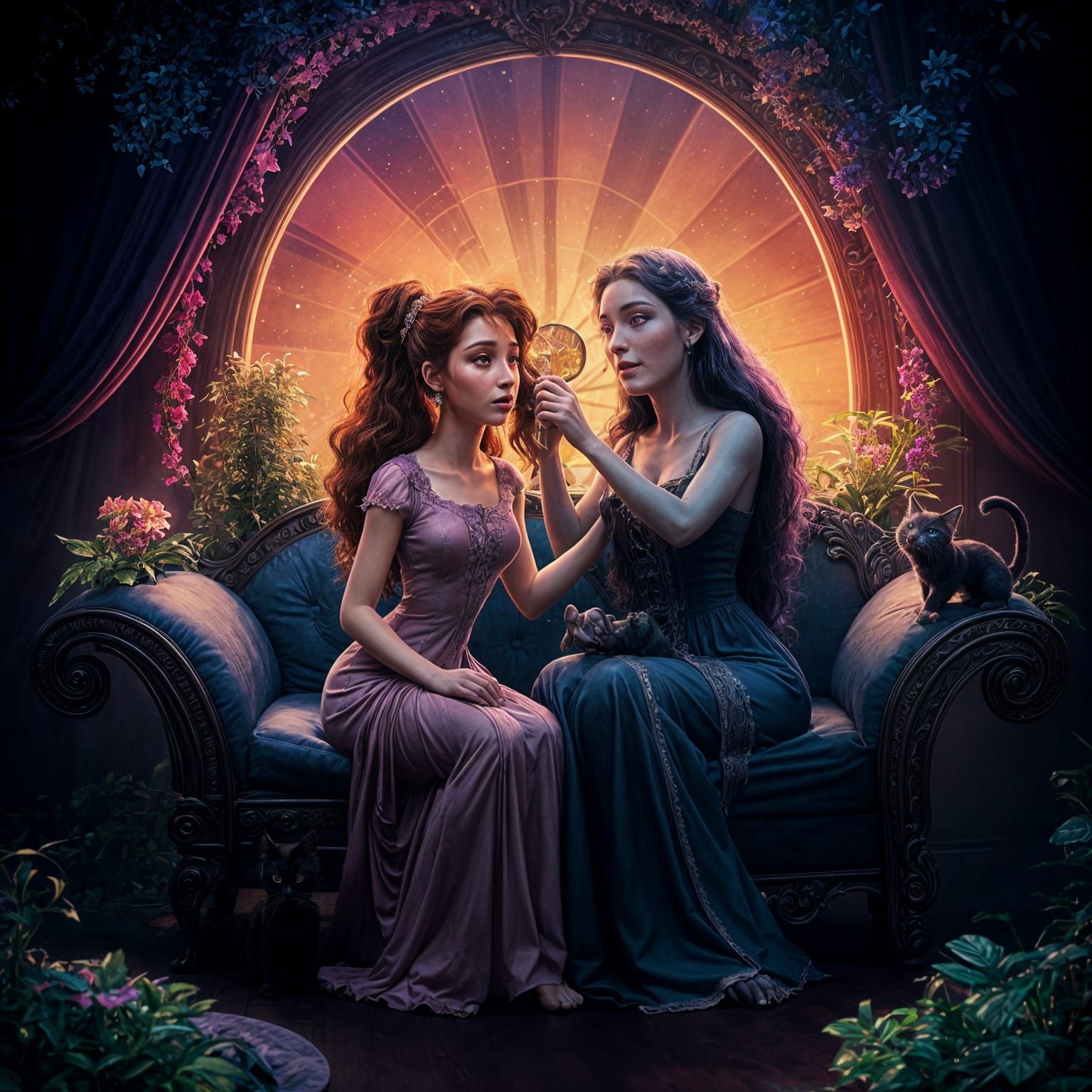 Meg from Hercules sitting beside her in the mirror as Younger Mother Gothel reflection as mother gothel sitting on her couch with her black...