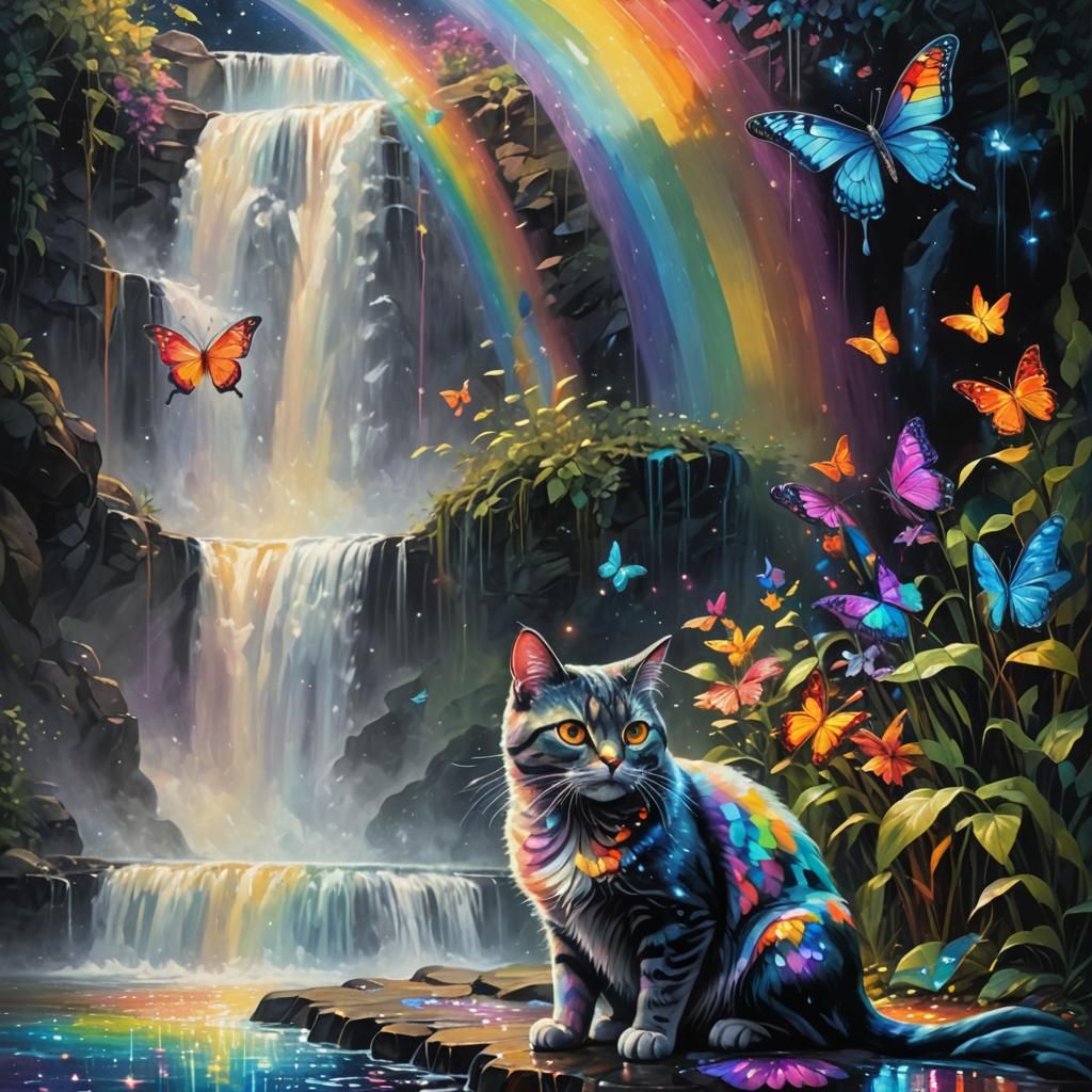 Magical Butterfly and Rainbow Cat in Surreal Oil Painting