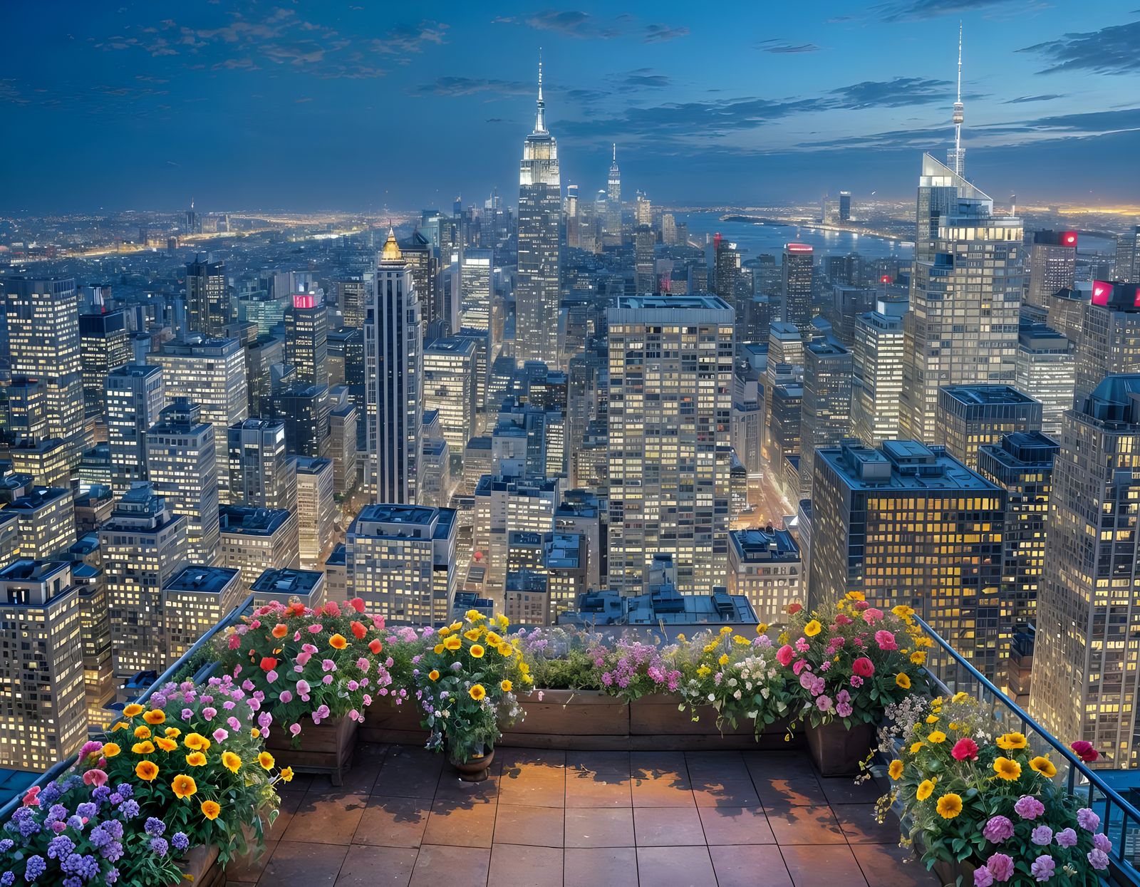 Vibrant Cityscape Overlooked by a Lush Rooftop Garden at Nig...