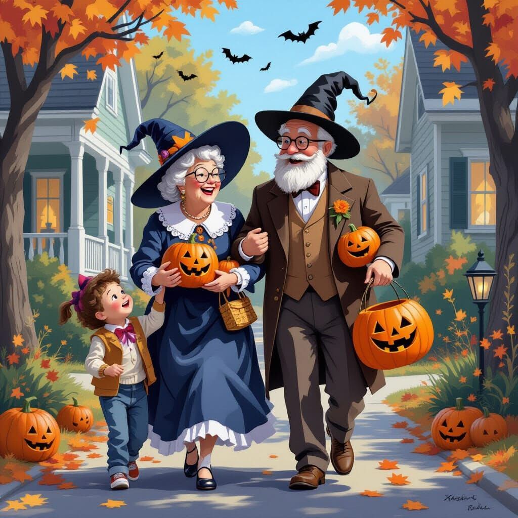 400 pixels, Full body inside margins,  whimsical older couple having 
so much fun, dress up for Halloween ...  by @Ydicay