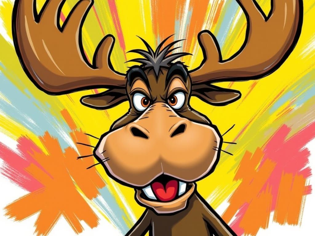 A whimsical Anthropomorphic Moose with wild eyes and buck teeth, in the exaggerated, comedic style of Looney Tunes Cartoons, with bold lines...