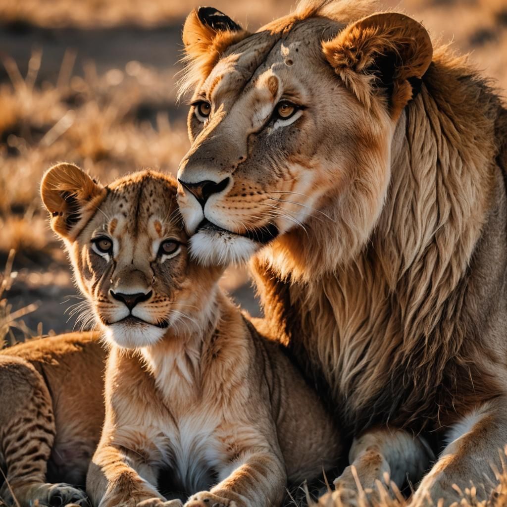 Closeup of a lioness and a lion cub close together. Highly detailed and realistic, beautiful soft sunset lighting, cinematic dramatic lighti...