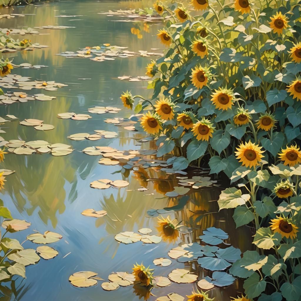 Impressionist Sunflowers on Riverbank in Golden Light