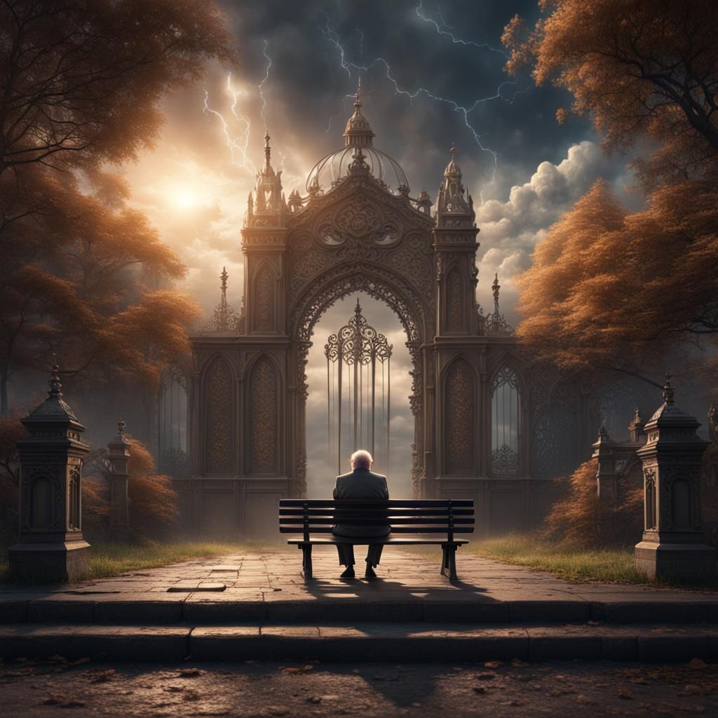 Old man sitting on park bench in front of heavens gates waiting  by @undefined
