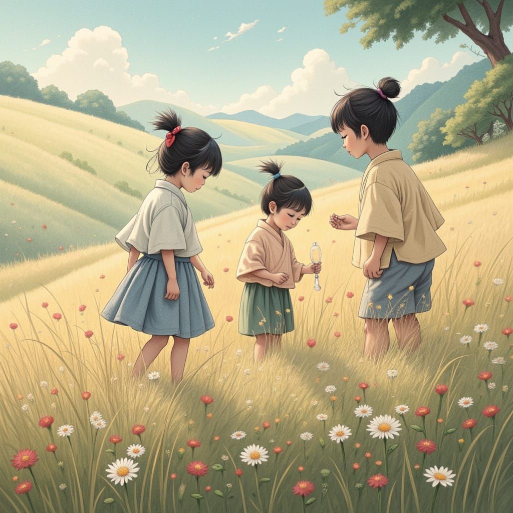 Japanese children playing in a field <lora:Japan-esque:1.0> 