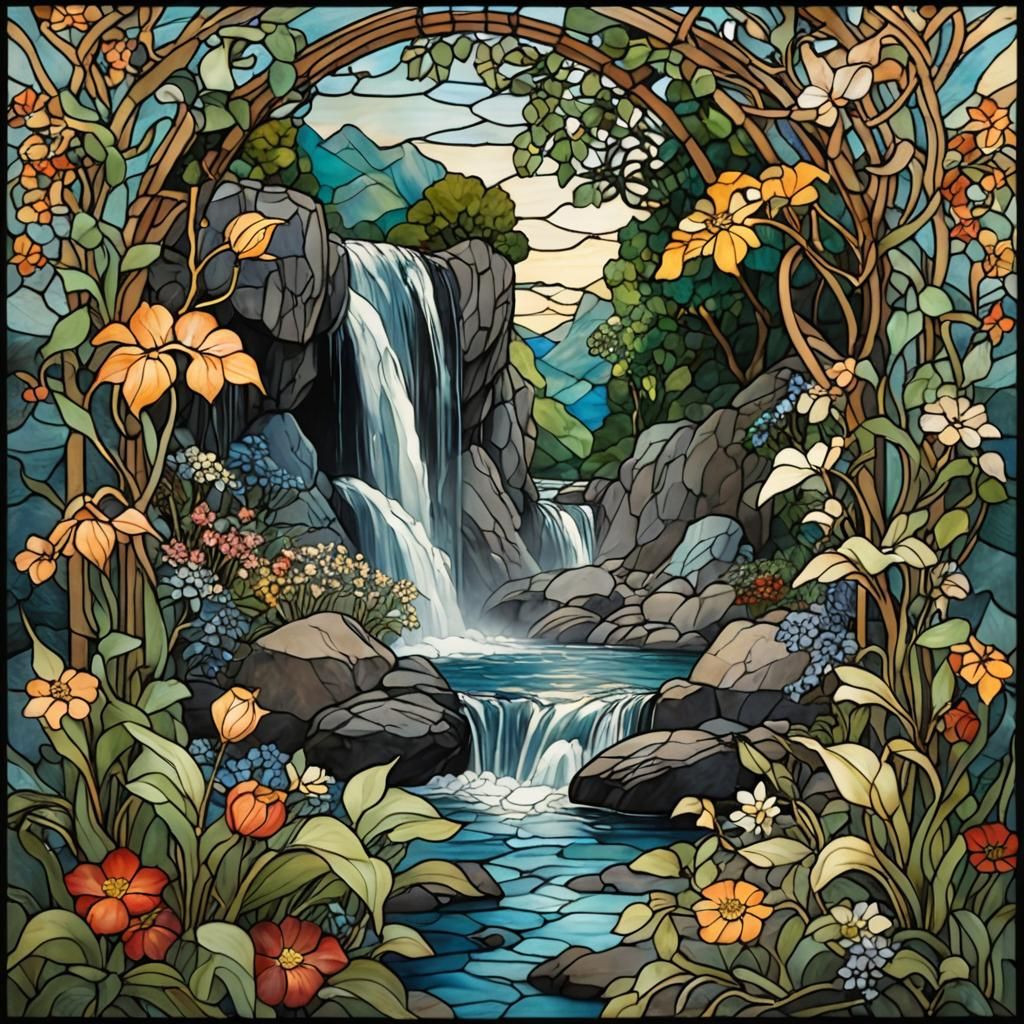 Art nouveau, stained glass, waterfall, leaves, flowers, flowing water, rocks  by @Inkrose115