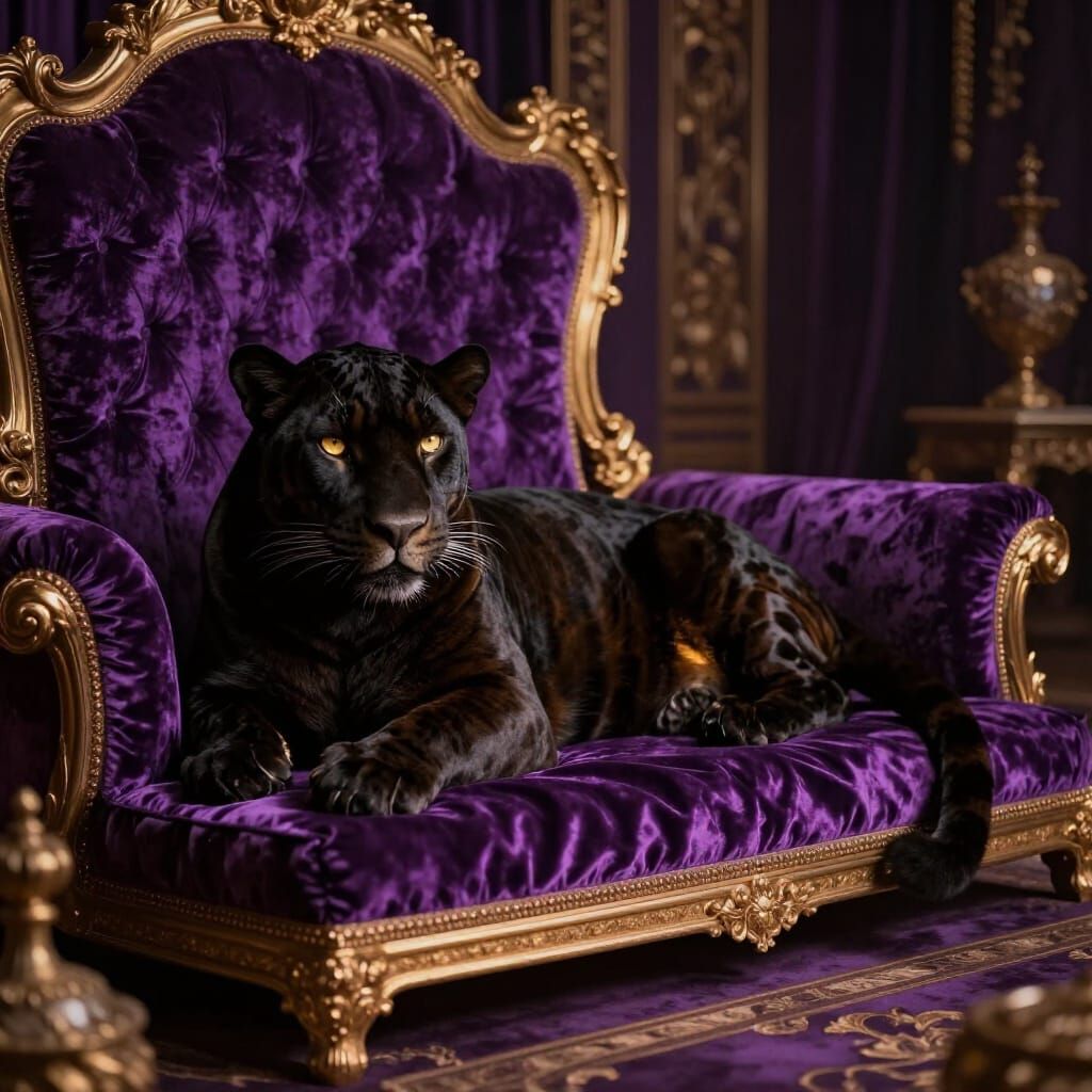 Regal Black Panther on Violet Silk Cushions