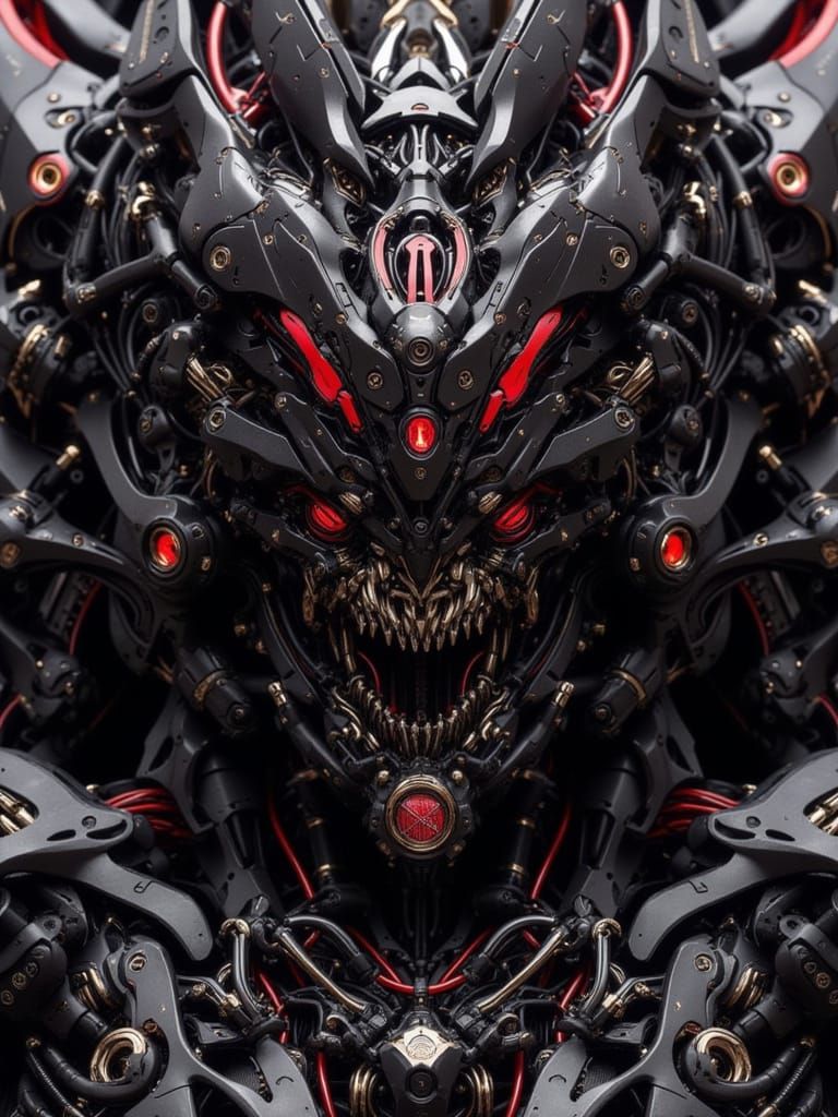 <lora:Mecha Ominous:1.0> A imposing closeup of a mecha, many parts, many details, red eyes, menacing look, supreme fangs