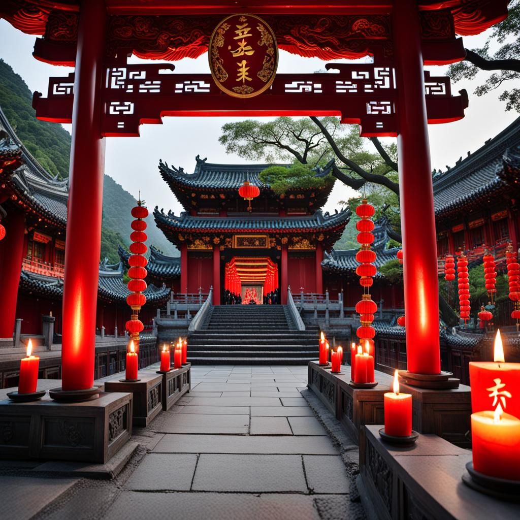 Surreal Red Dragon Ceremony in a Chinese Hall