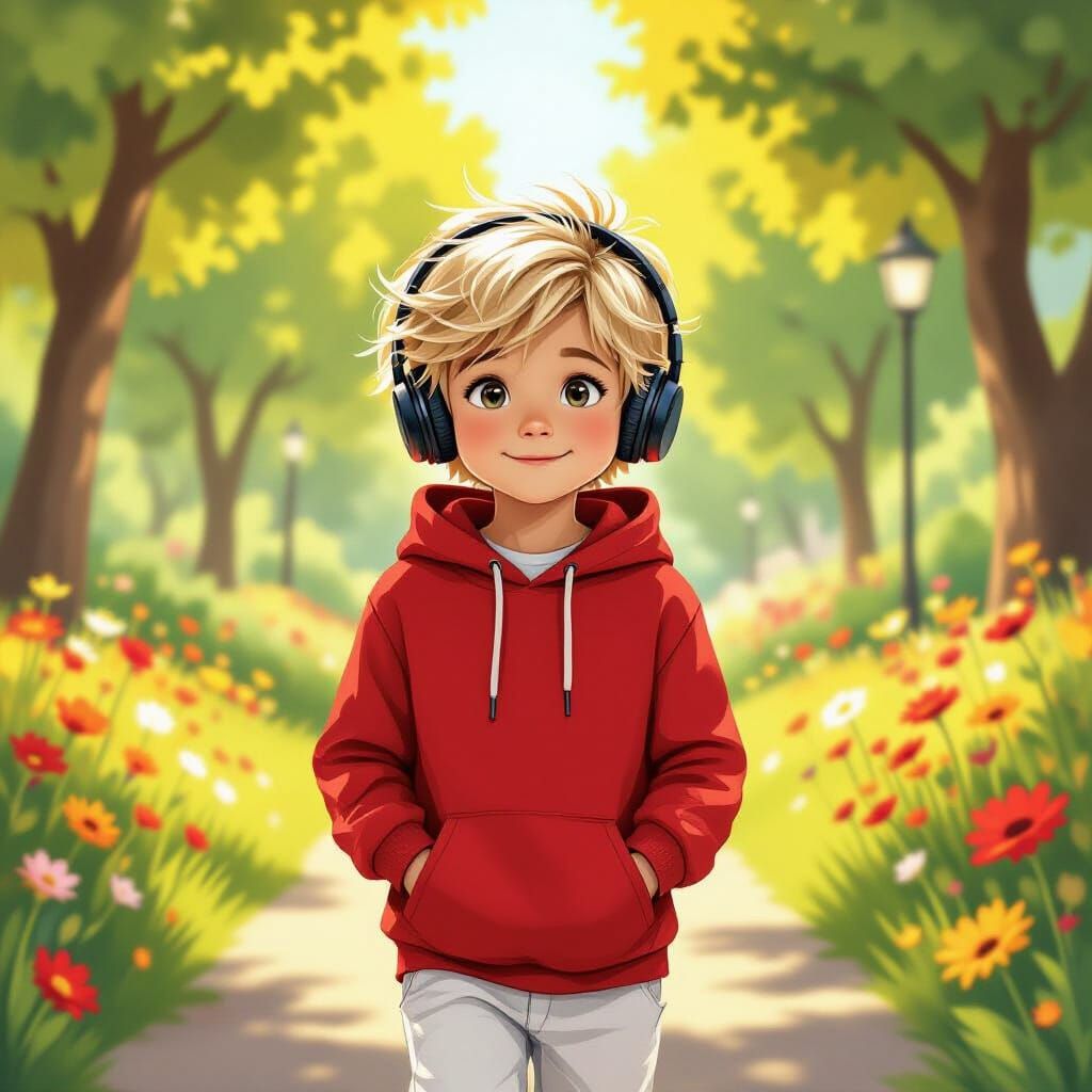 Blonde Boy in Red Hoodie in Sunny Park