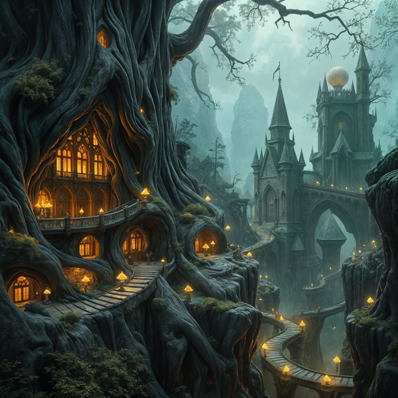 A vast, forgotten city carved into the side of a colossal, petrified tree, its structures resembling ancient elven architecture. Luminescent...