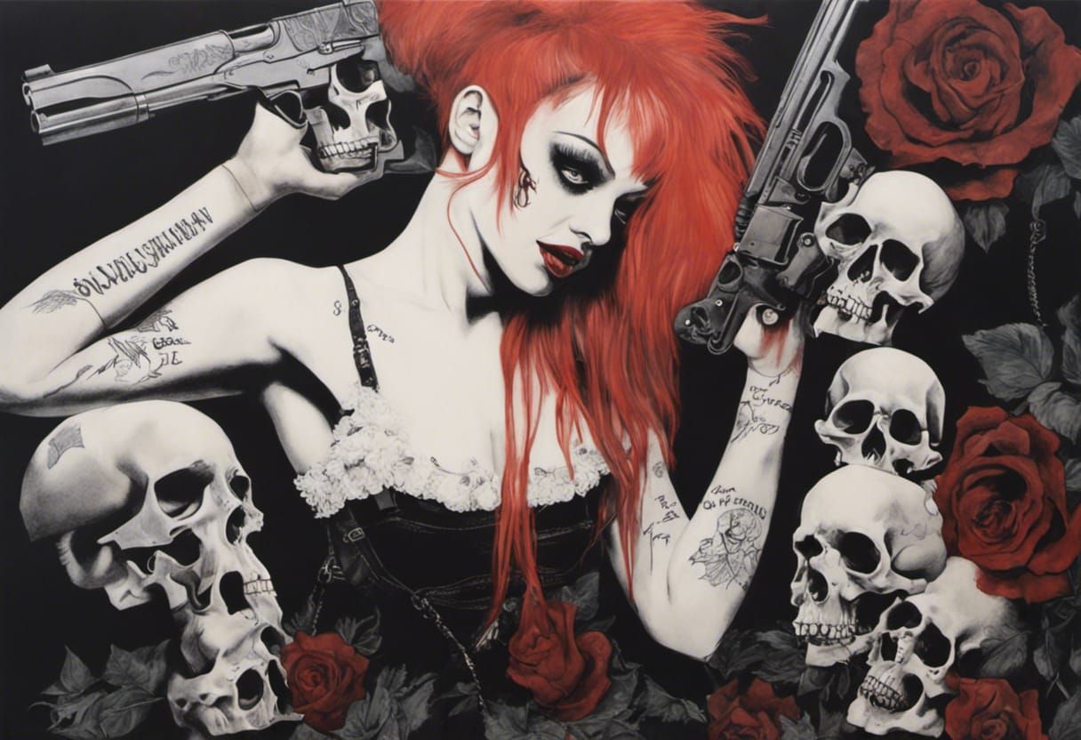 Emilie Autumn, guns, roses, skulls, lithograph