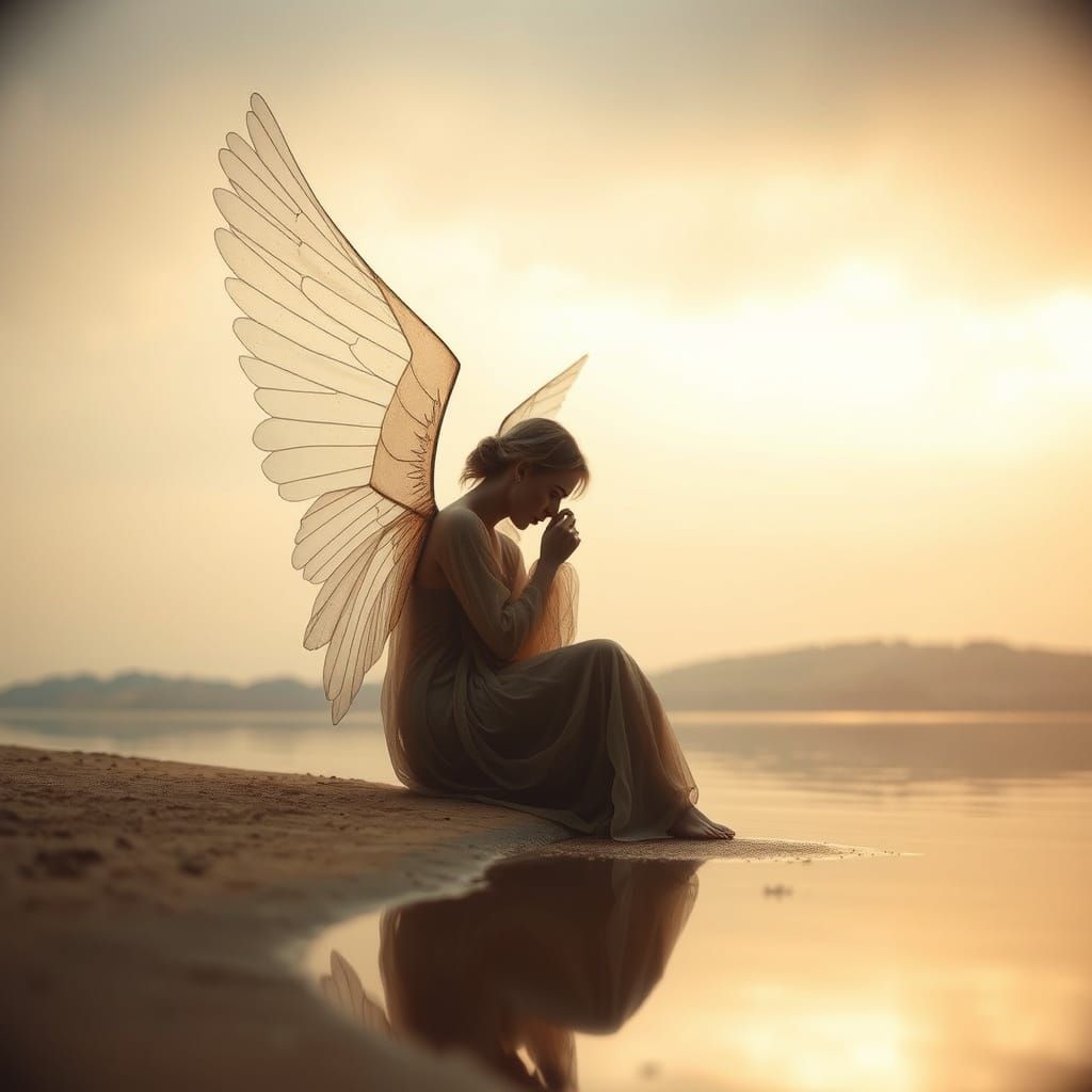 Enigmatic Woman with Glass Wings Amidst Serene Lake
